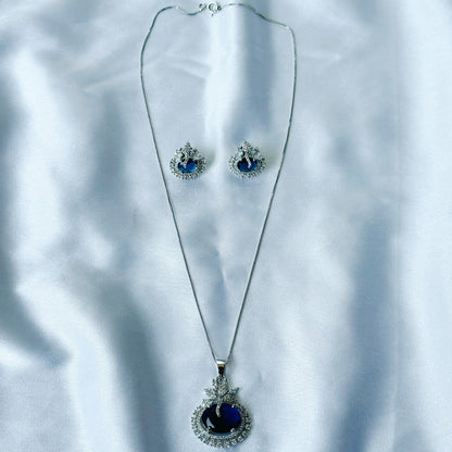 Blue Sapphire Cubic Zircon American Diamond Silver Plated Pendant Set