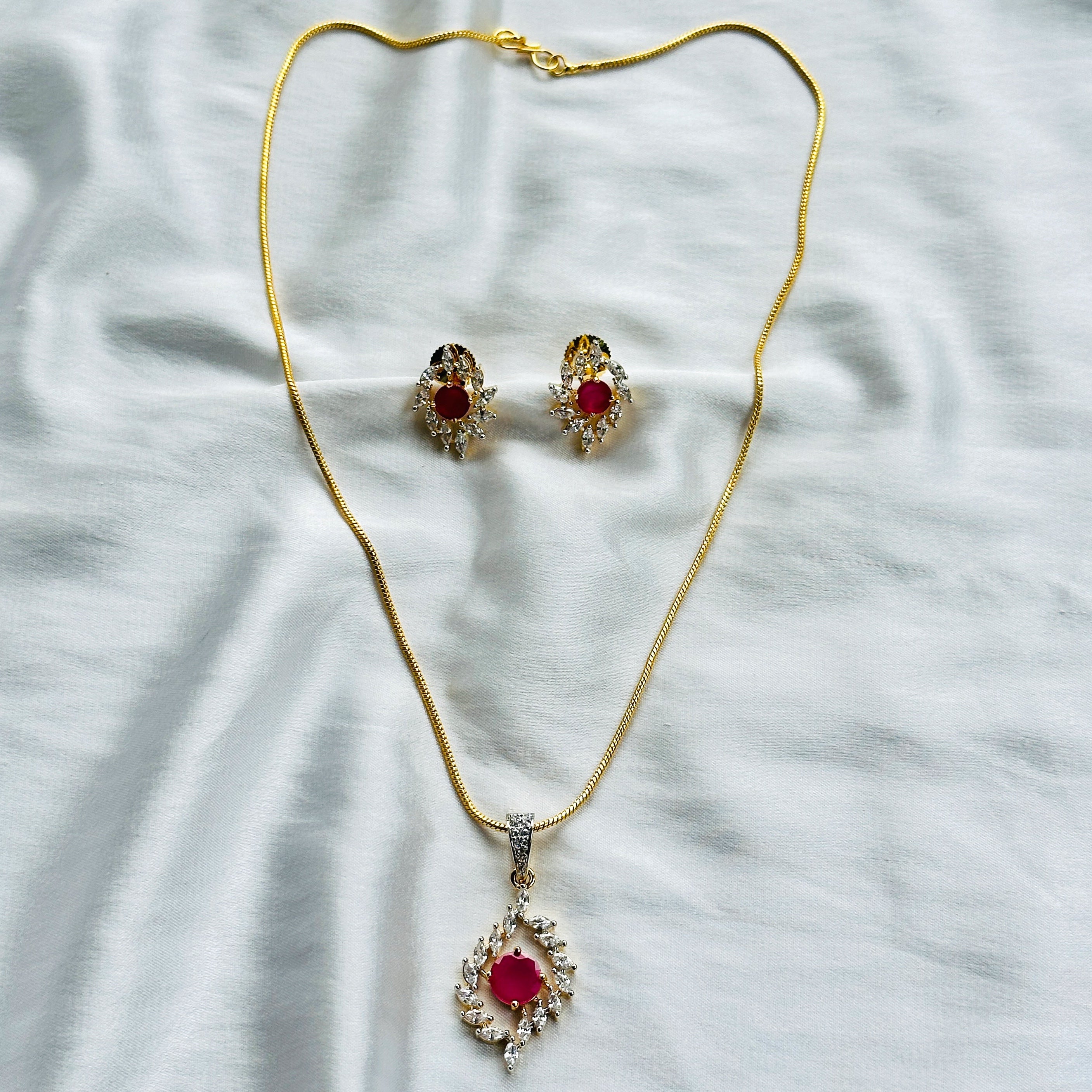 Red Ruby Cubic Zircon American Diamond Gold Plated Pendant Set