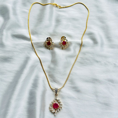 Red Ruby Cubic Zircon American Diamond Gold Plated Pendant Set