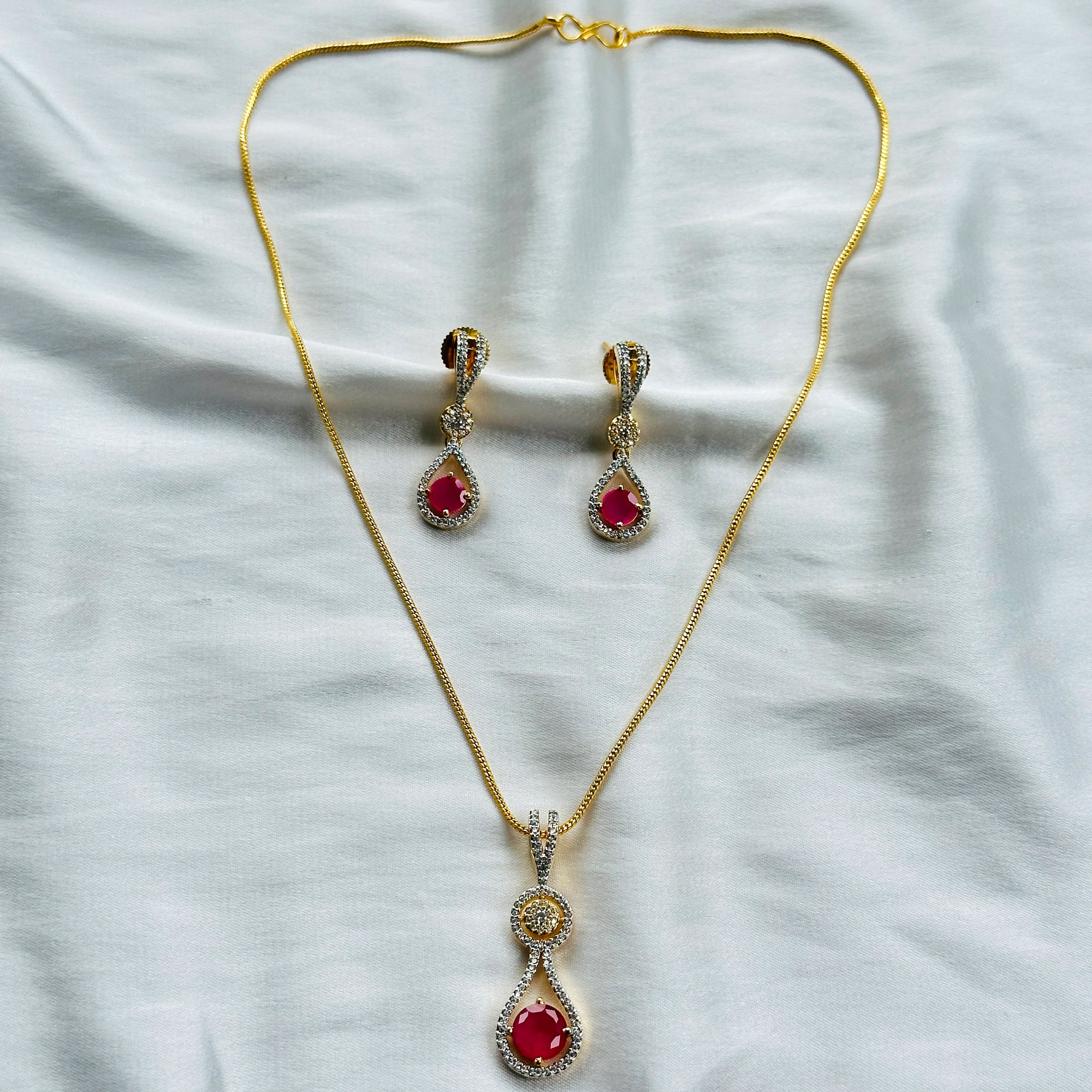 Red Ruby Cubic Zircon American Diamond Gold Plated Pendant Set