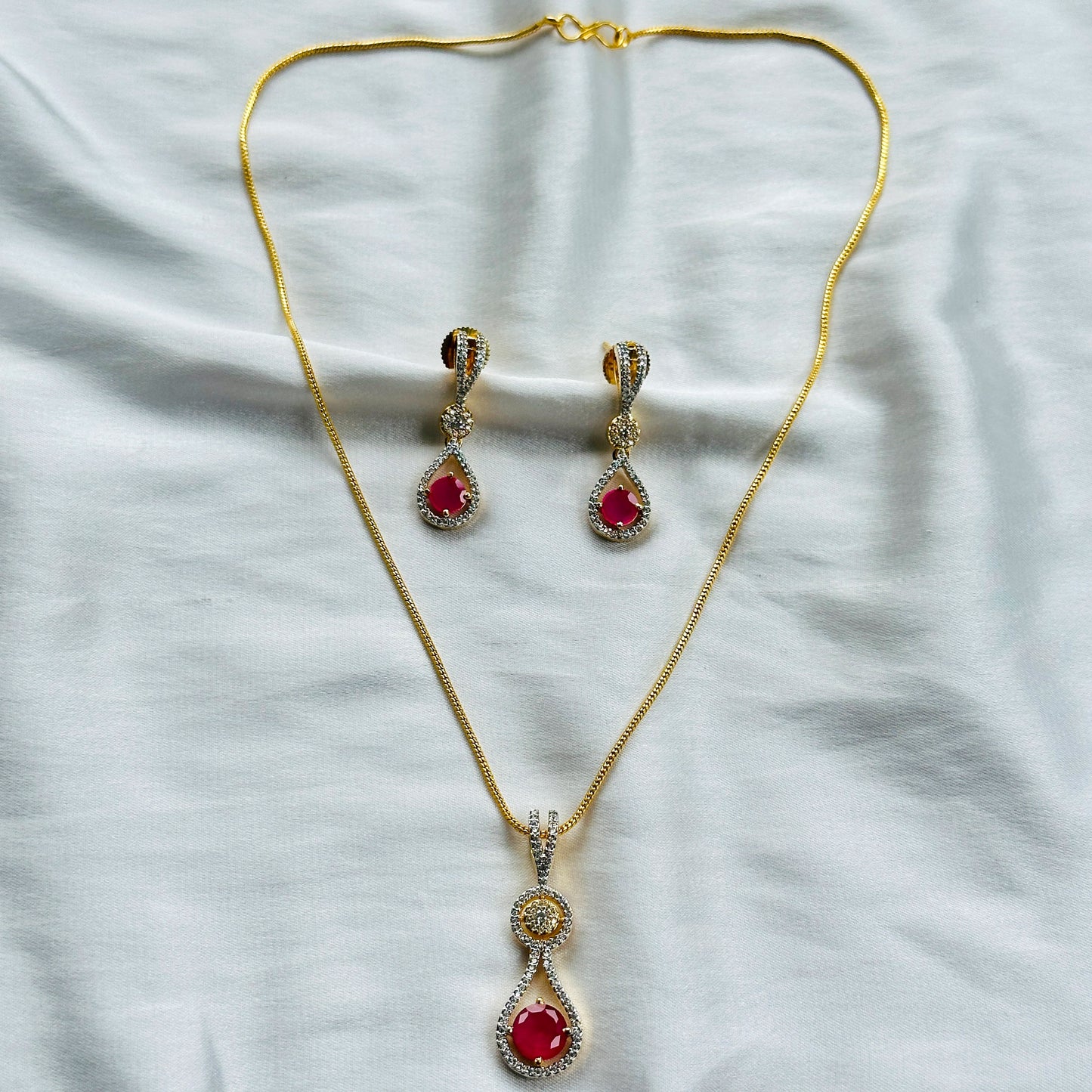 Red Ruby Cubic Zircon American Diamond Gold Plated Pendant Set