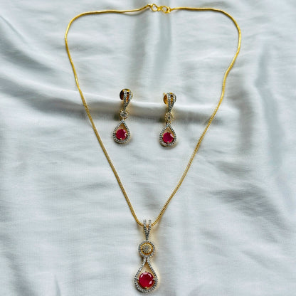 Red Ruby Cubic Zircon American Diamond Gold Plated Pendant Set