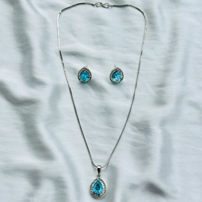 Aqua Blue Sapphire Cubic Zircon American Diamond Silver Plated Pendant Set