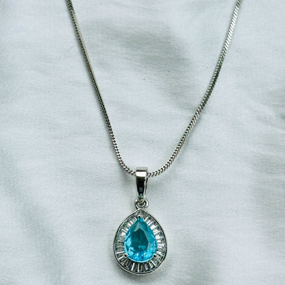 Aqua Blue Sapphire Cubic Zircon American Diamond Silver Plated Pendant Set