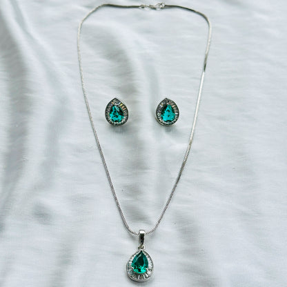 Sea Green Topaz Cubic Zircon American Diamond Silver Plated Pendant Set
