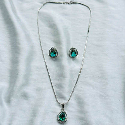 Sea Green Topaz Cubic Zircon American Diamond Silver Plated Pendant Set