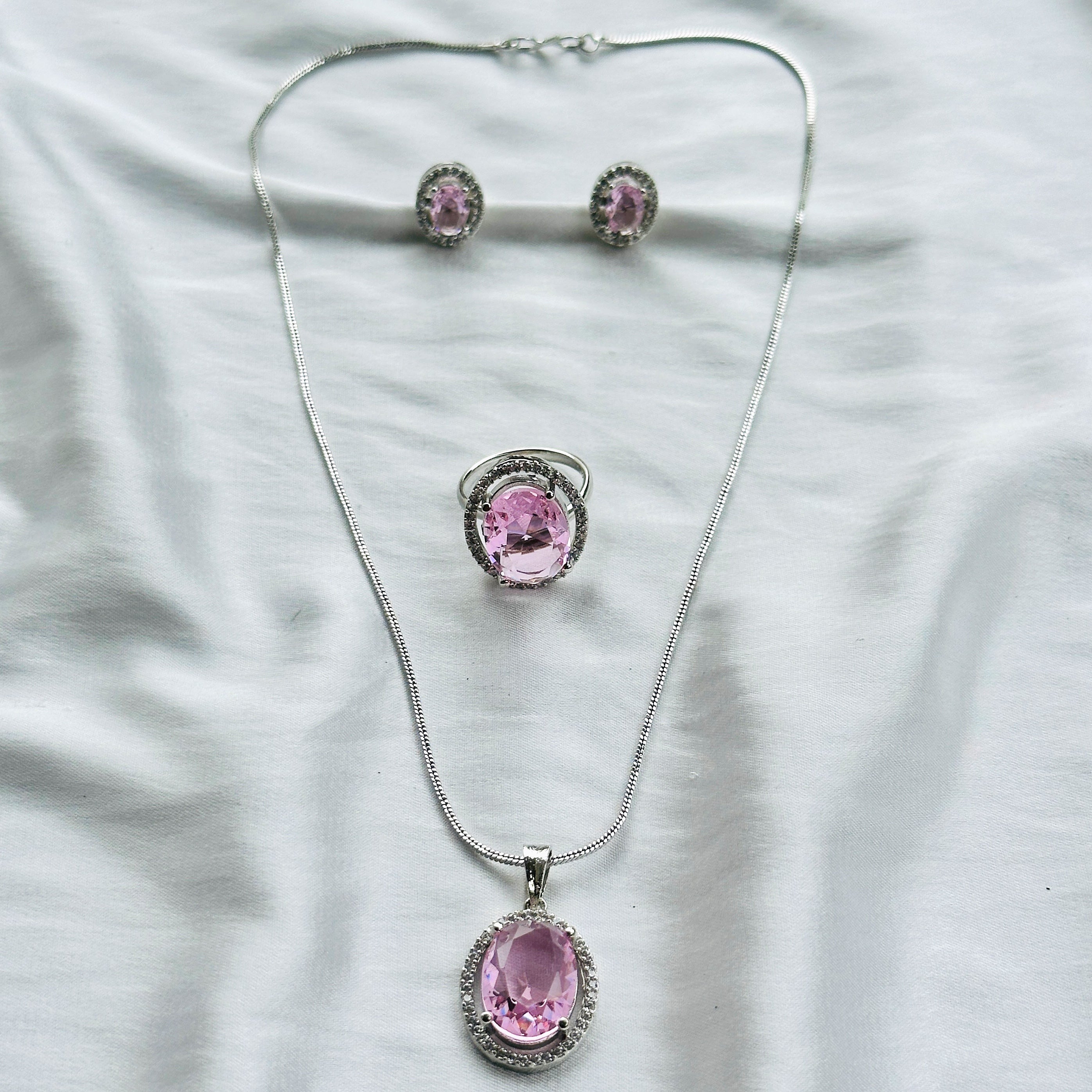 Pink Topaz Cubic Zircon American Diamond Silver Plated Pendant Set Combo