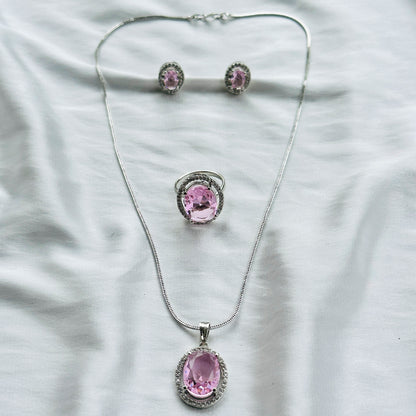 Pink Topaz Cubic Zircon American Diamond Silver Plated Pendant Set Combo