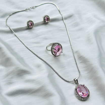 Pink Topaz Cubic Zircon American Diamond Silver Plated Pendant Set Combo