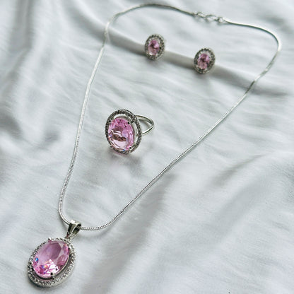 Pink Topaz Cubic Zircon American Diamond Silver Plated Pendant Set Combo