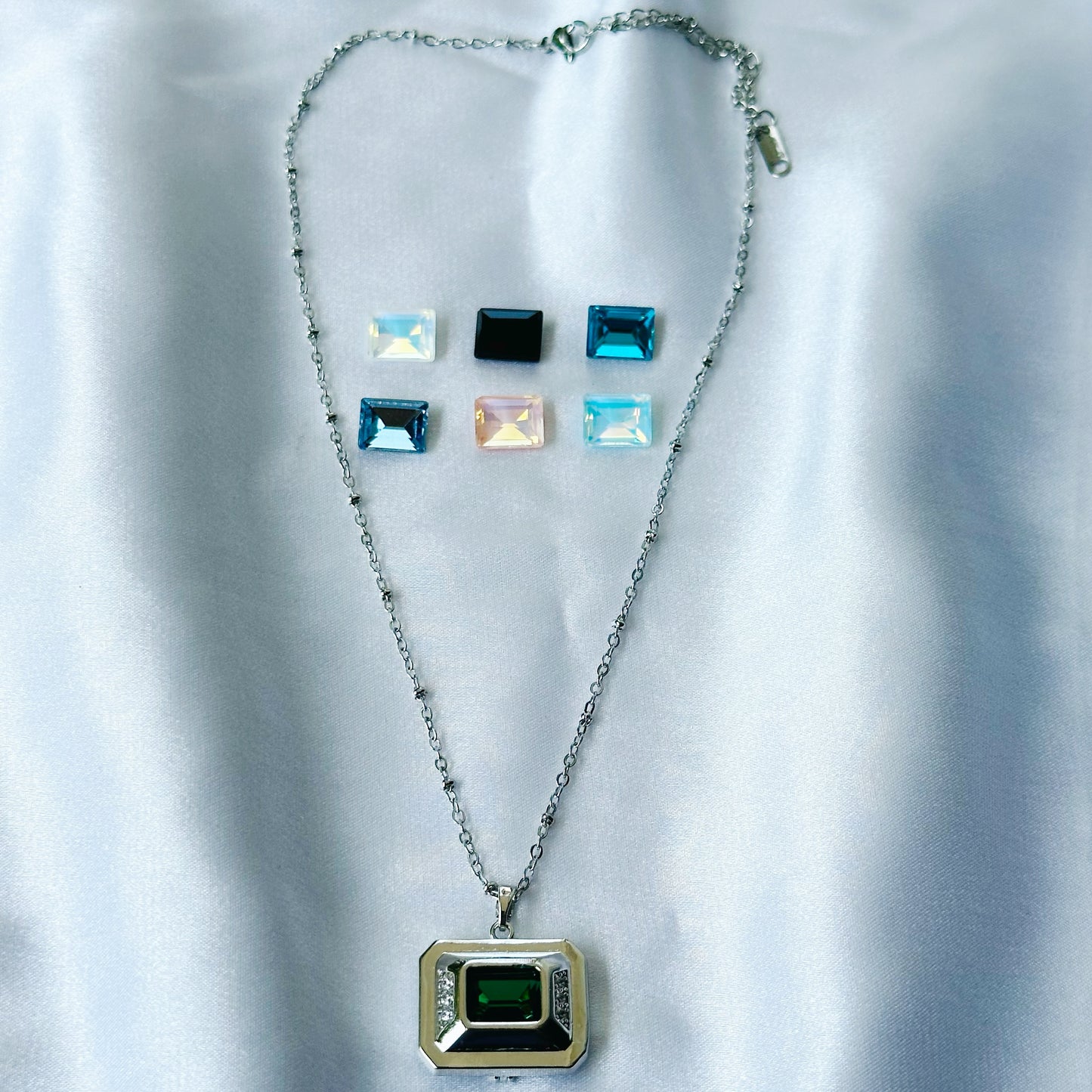 DIY 7 Interchangeable American Diamond Stones Silver Plated Necklace