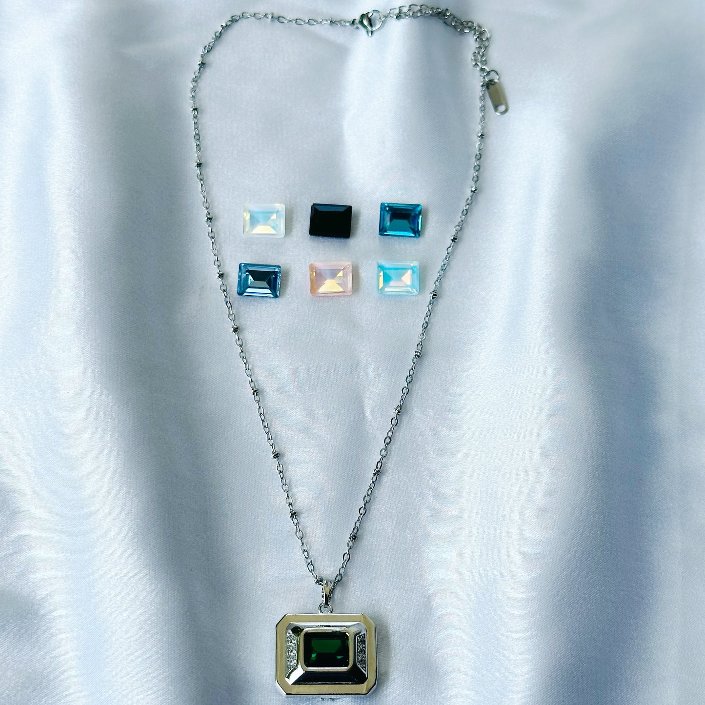 DIY 7 Interchangeable American Diamond Stones Silver Plated Necklace