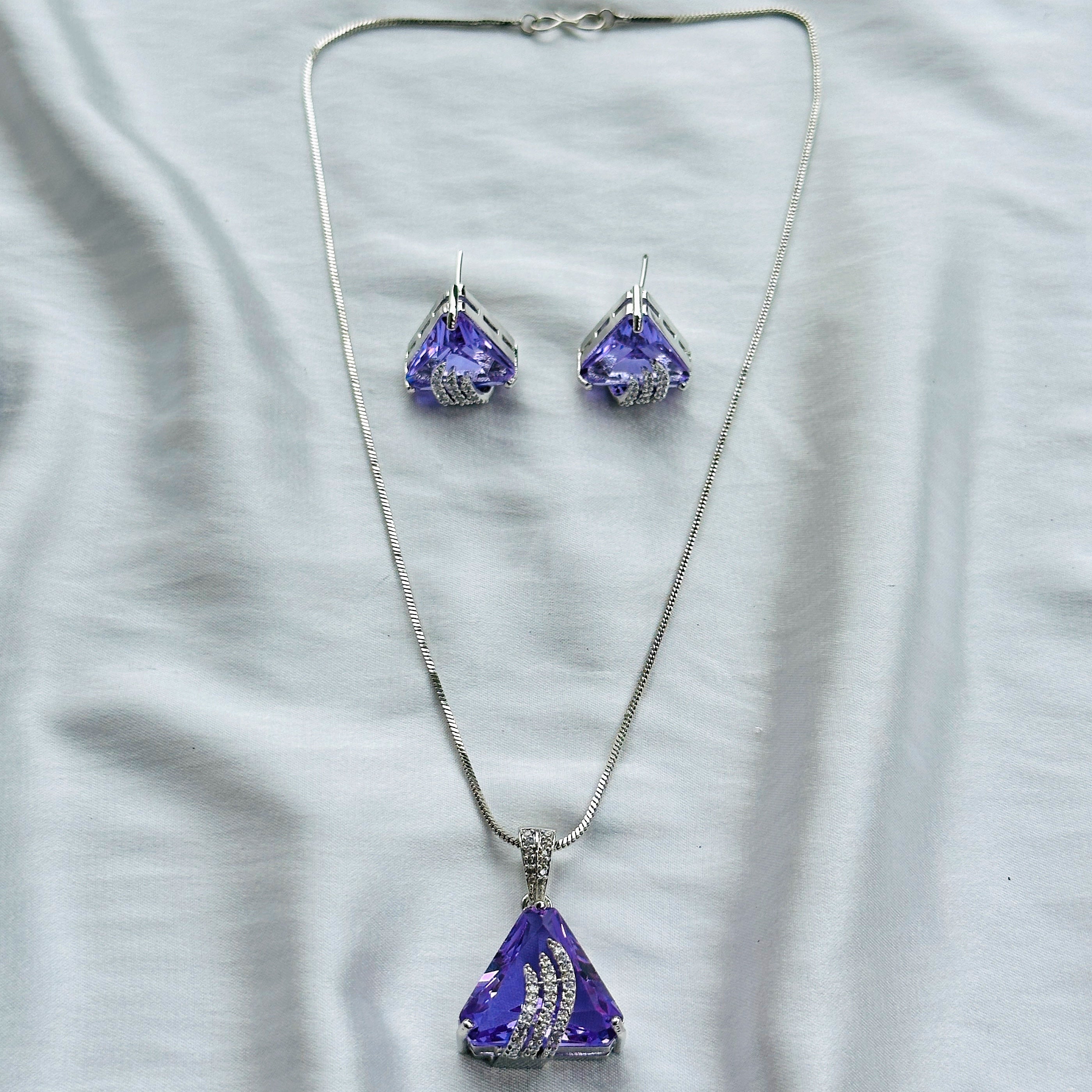 Light Amethyst Cubic Zircon American Diamond Silver Plated Pendant Set