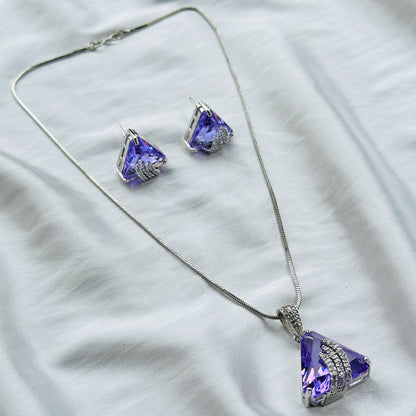 Light Amethyst Cubic Zircon American Diamond Silver Plated Pendant Set