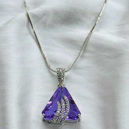 Light Amethyst Cubic Zircon American Diamond Silver Plated Pendant Set