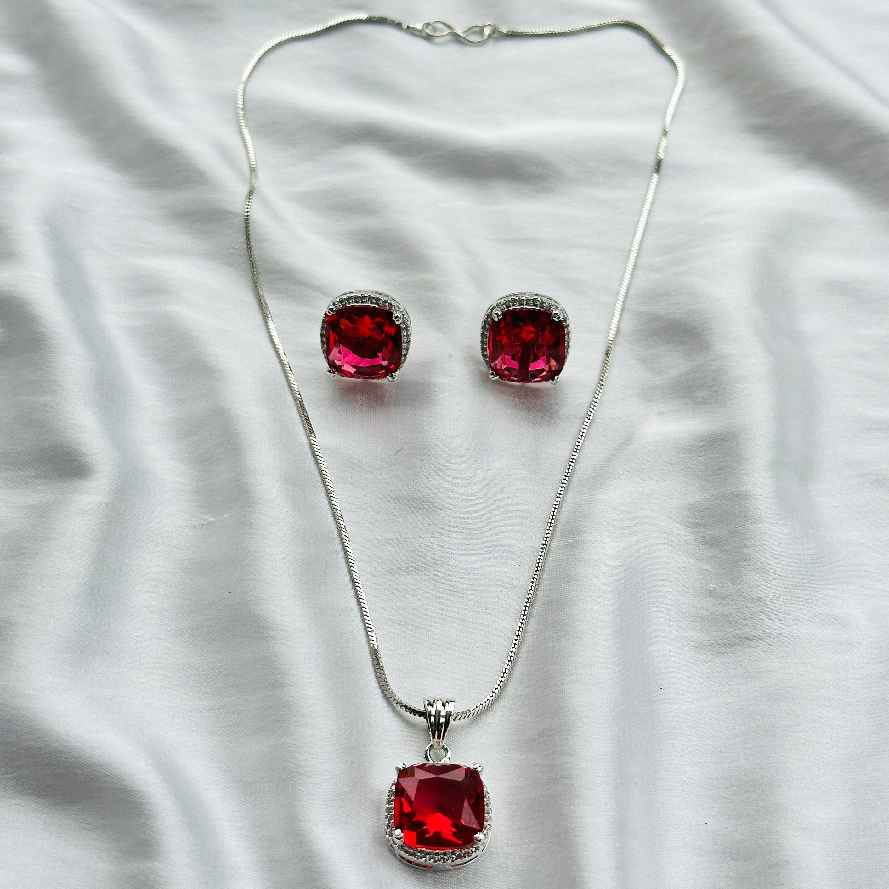 Red Ruby Cubic Zircon American Diamond Silver Plated Pendant Set