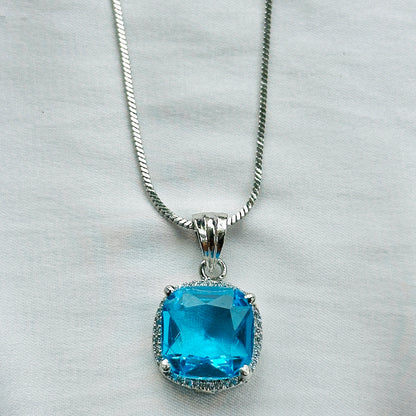 Aqua Blue Sapphire Cubic Zircon American Diamond Silver Plated Pendant Set
