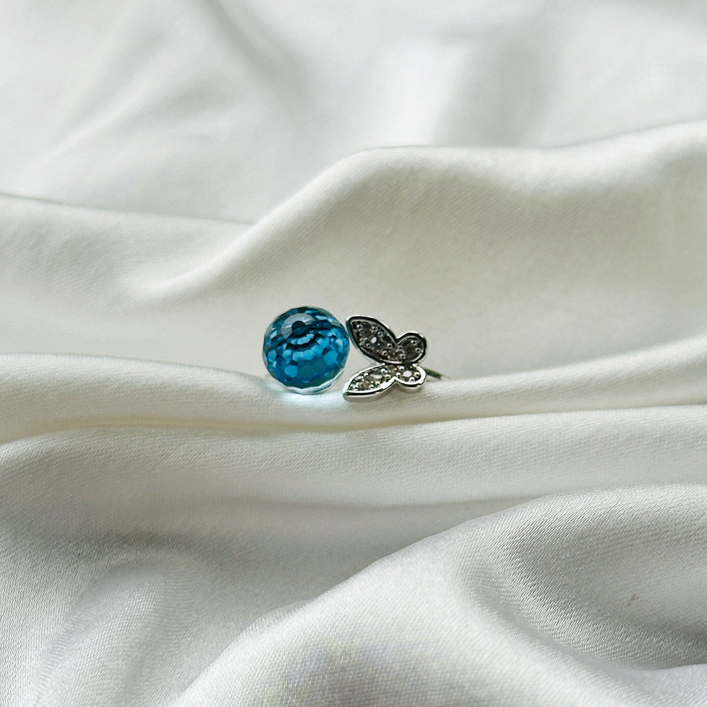 Aqua Blue Sapphire Crystal American Diamond Silver Plated Adjustable Ring