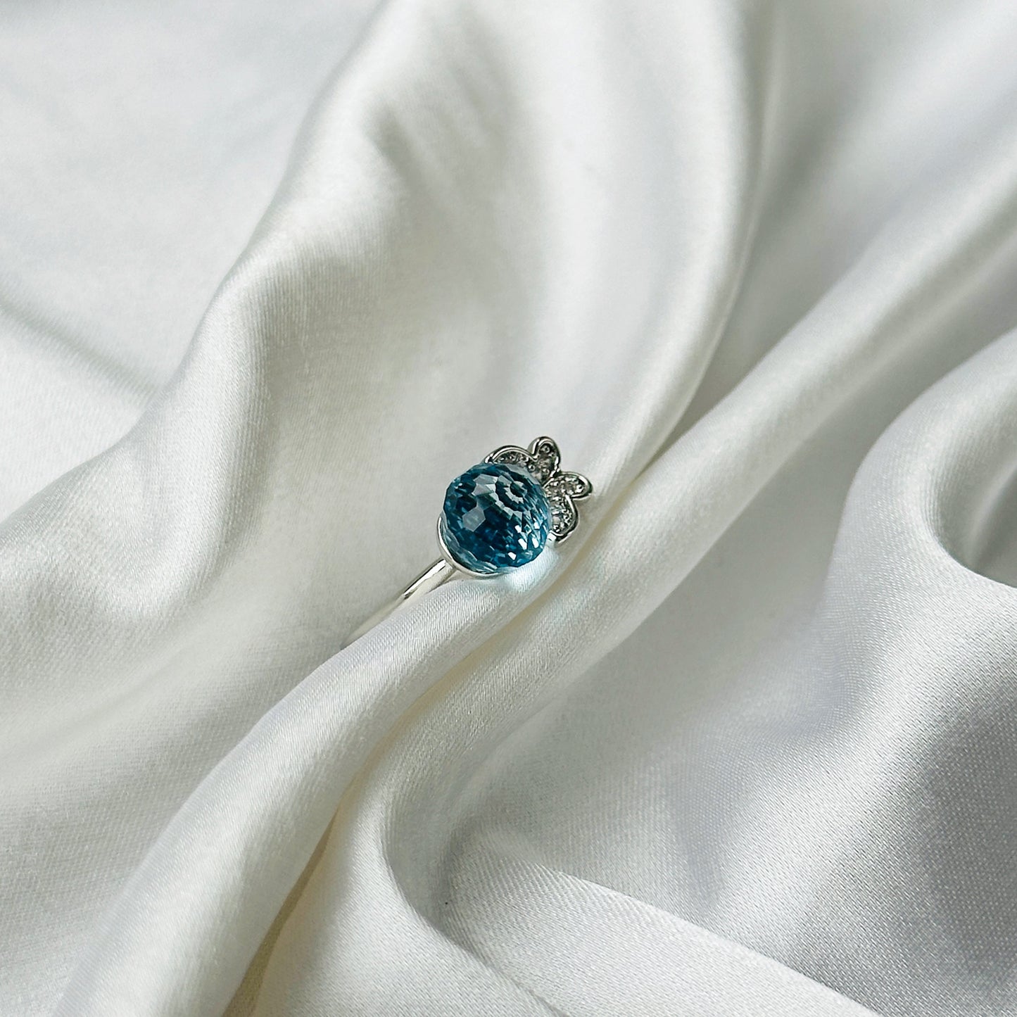 Aqua Blue Sapphire Crystal American Diamond Silver Plated Adjustable Ring