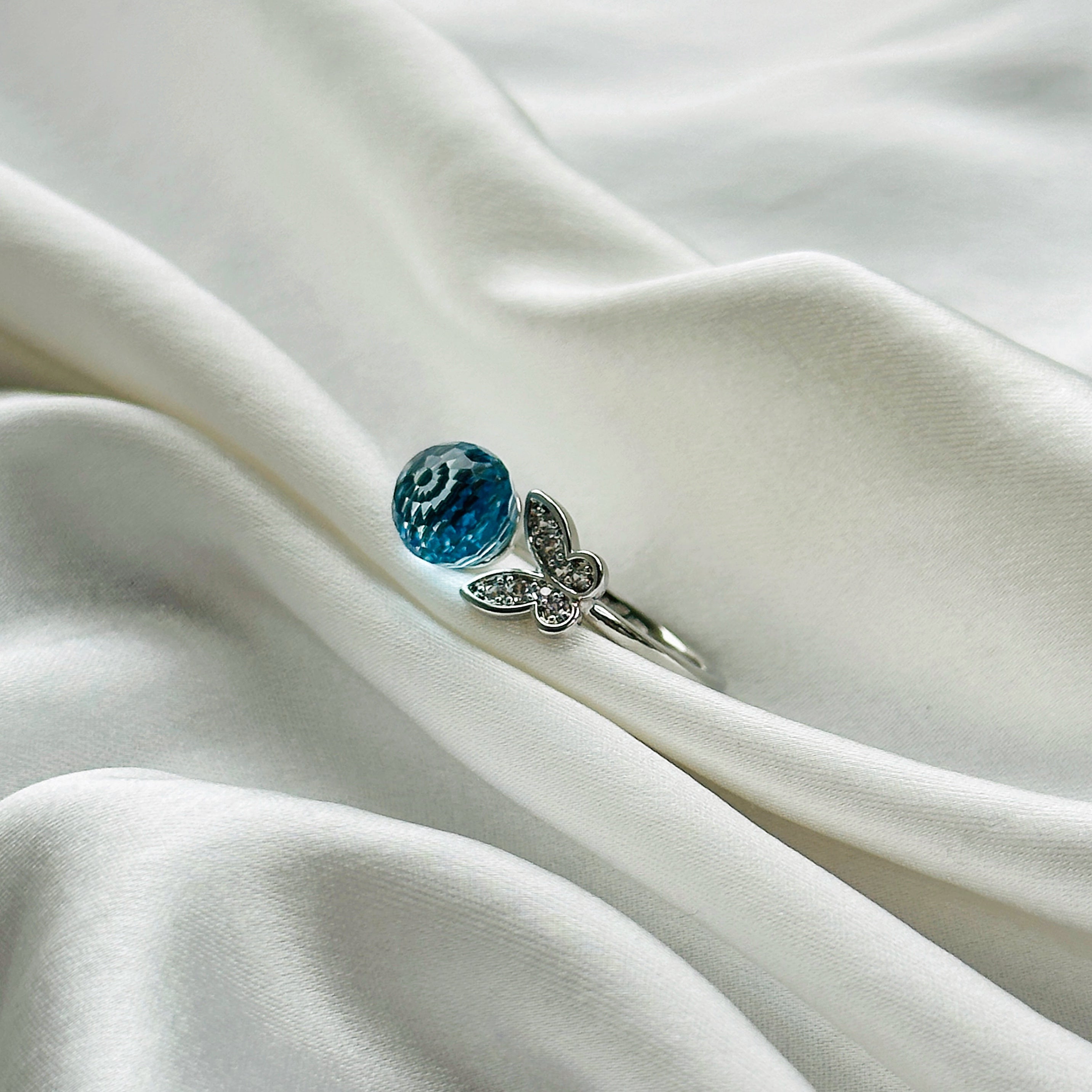 Aqua Blue Sapphire Crystal American Diamond Silver Plated Adjustable Ring