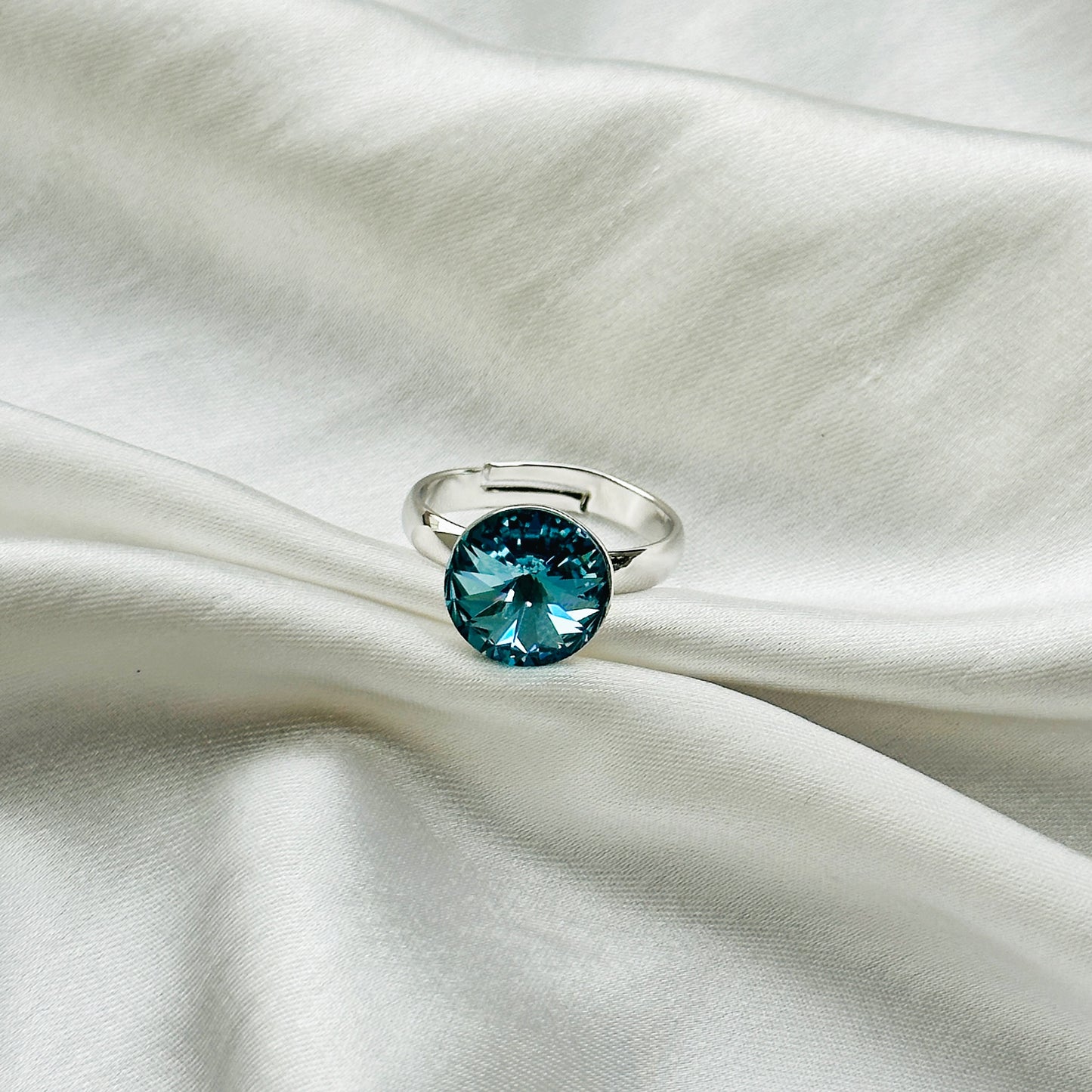 Aqua Blue Indicolite Swarovski Crystal Silver Plated Adjustable Ring
