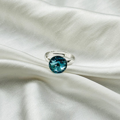Aqua Blue Indicolite Swarovski Crystal Silver Plated Adjustable Ring