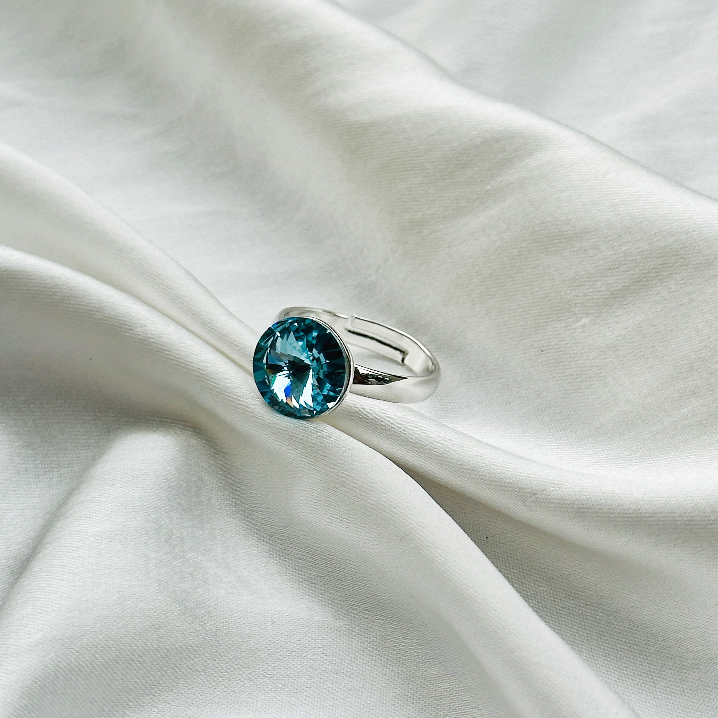 Aqua Blue Indicolite Swarovski Crystal Silver Plated Adjustable Ring