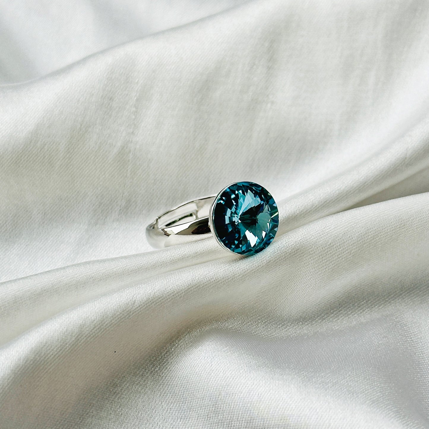 Aqua Blue Indicolite Swarovski Crystal Silver Plated Adjustable Ring