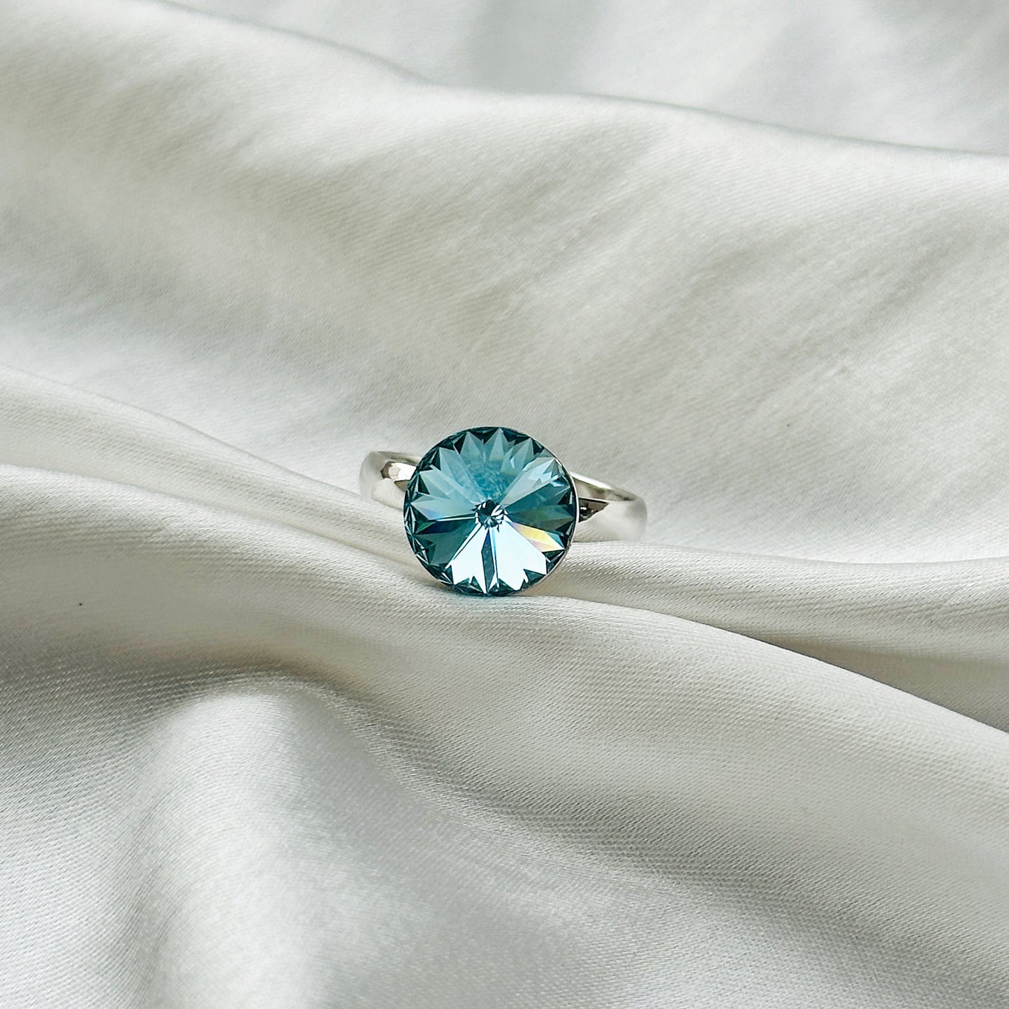 Aqua Blue Indicolite Swarovski Crystal Silver Plated Adjustable Ring