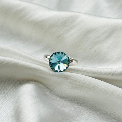 Aqua Blue Indicolite Swarovski Crystal Silver Plated Adjustable Ring