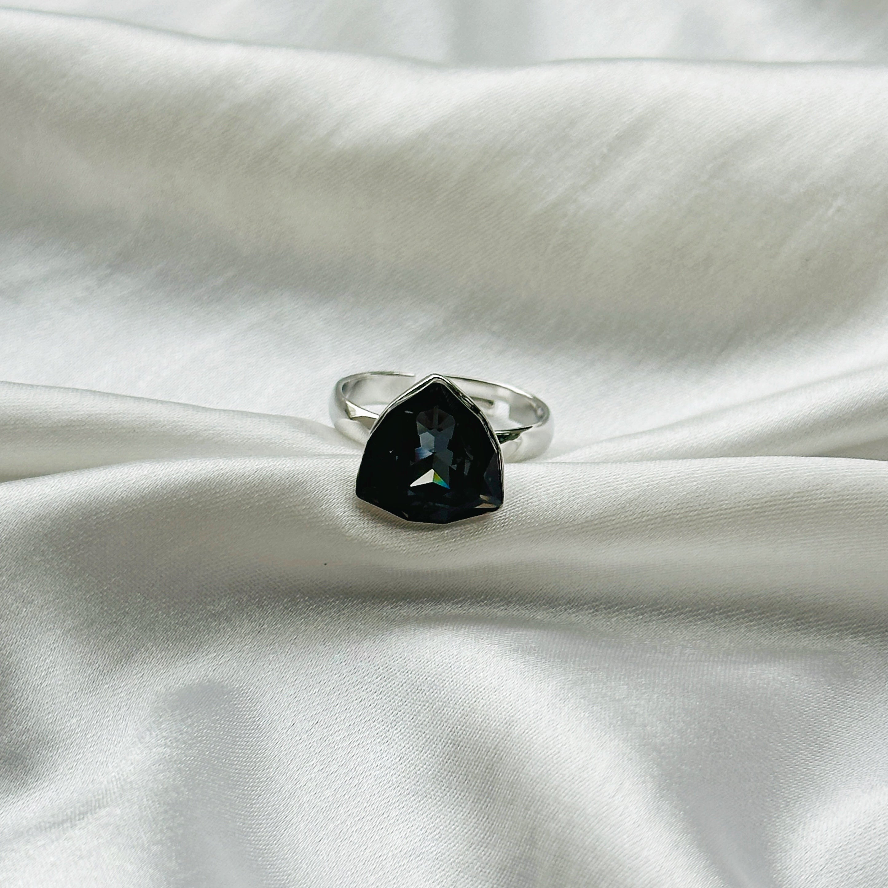 Black Morion Swarovski Crystal Silver Plated Adjustable Ring
