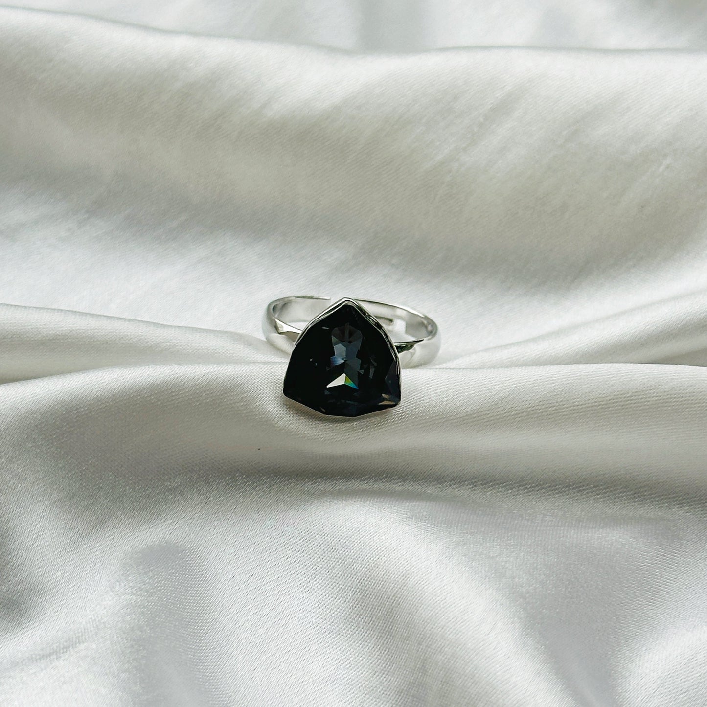 Black Morion Swarovski Crystal Silver Plated Adjustable Ring