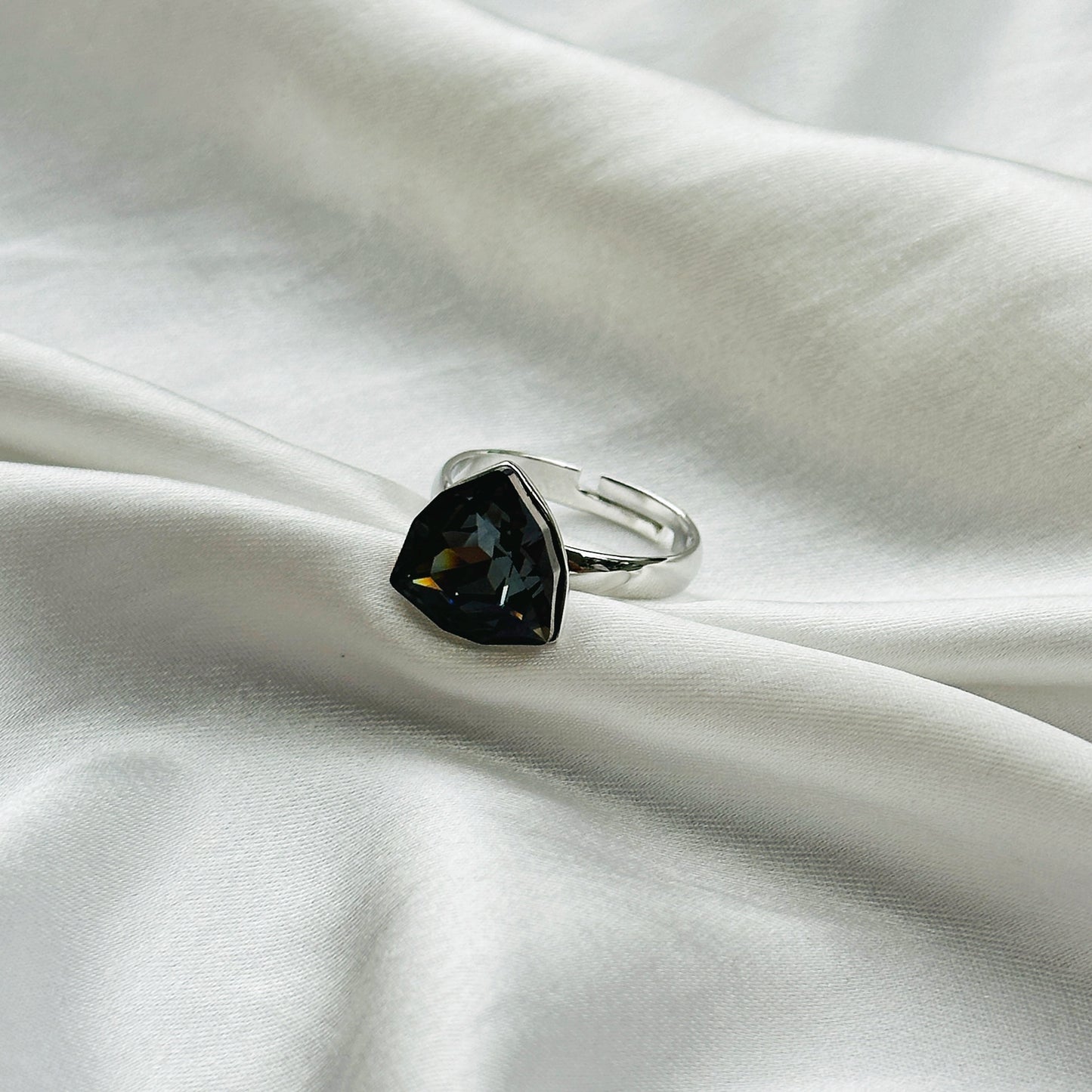 Black Morion Swarovski Crystal Silver Plated Adjustable Ring