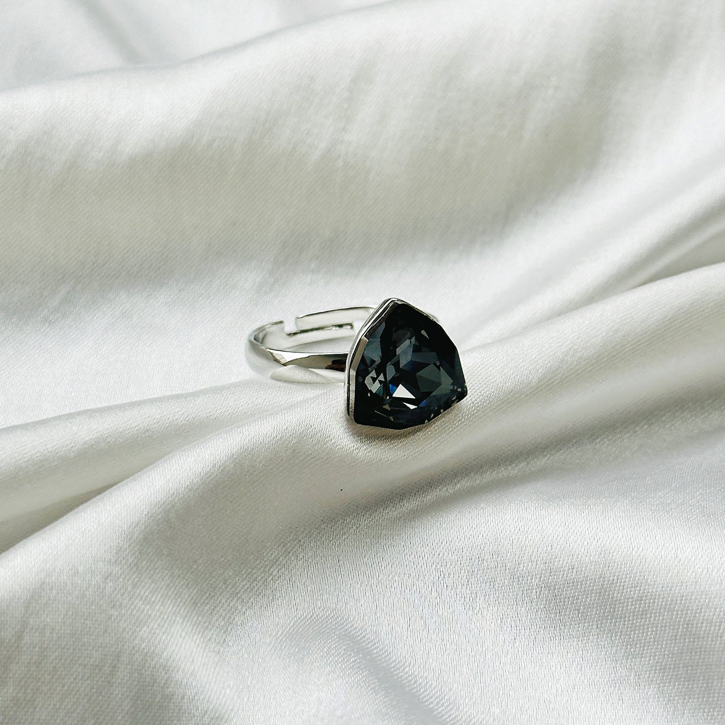 Black Morion Swarovski Crystal Silver Plated Adjustable Ring