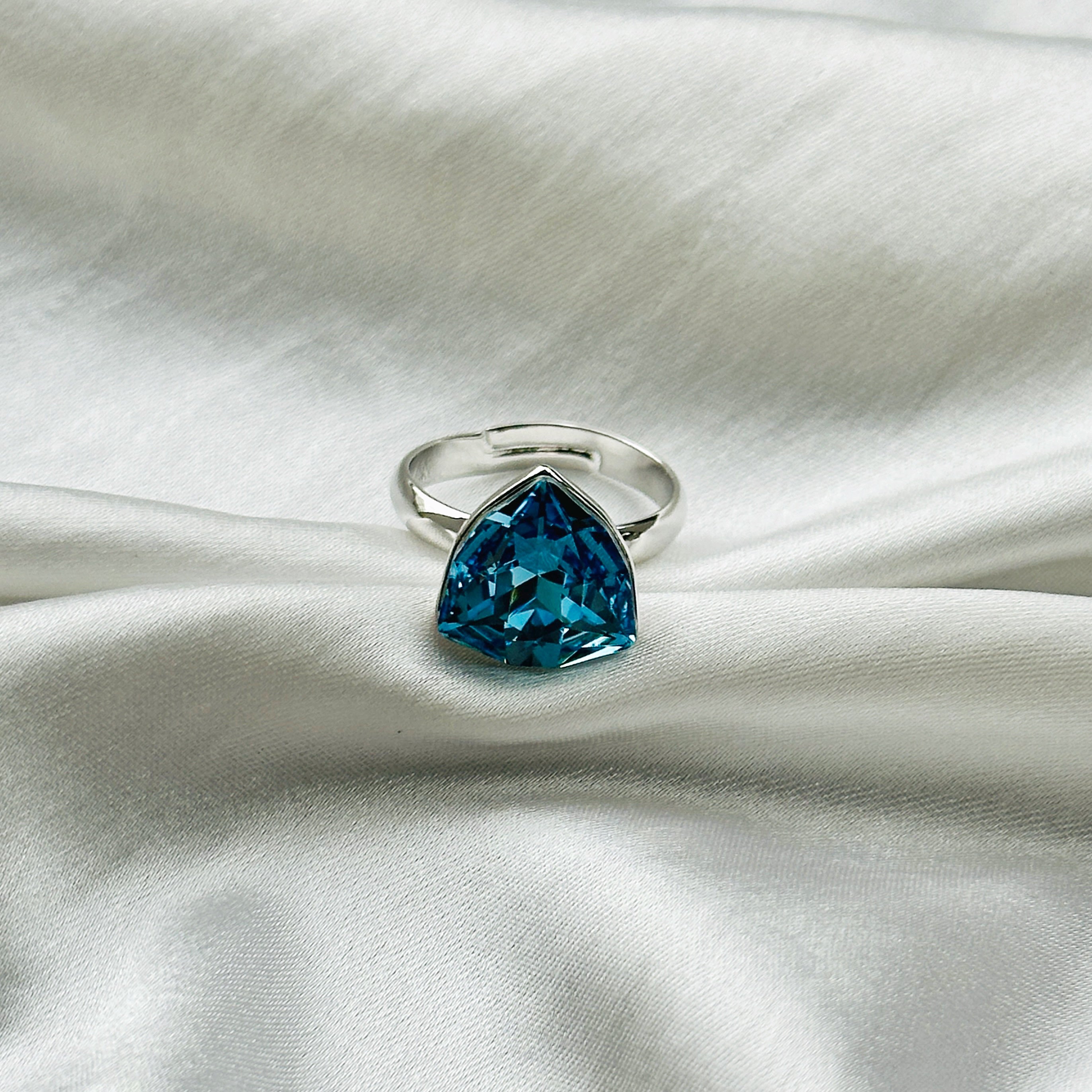 Aqua Blue Indicolite Swarovski Crystal Silver Plated Adjustable Ring