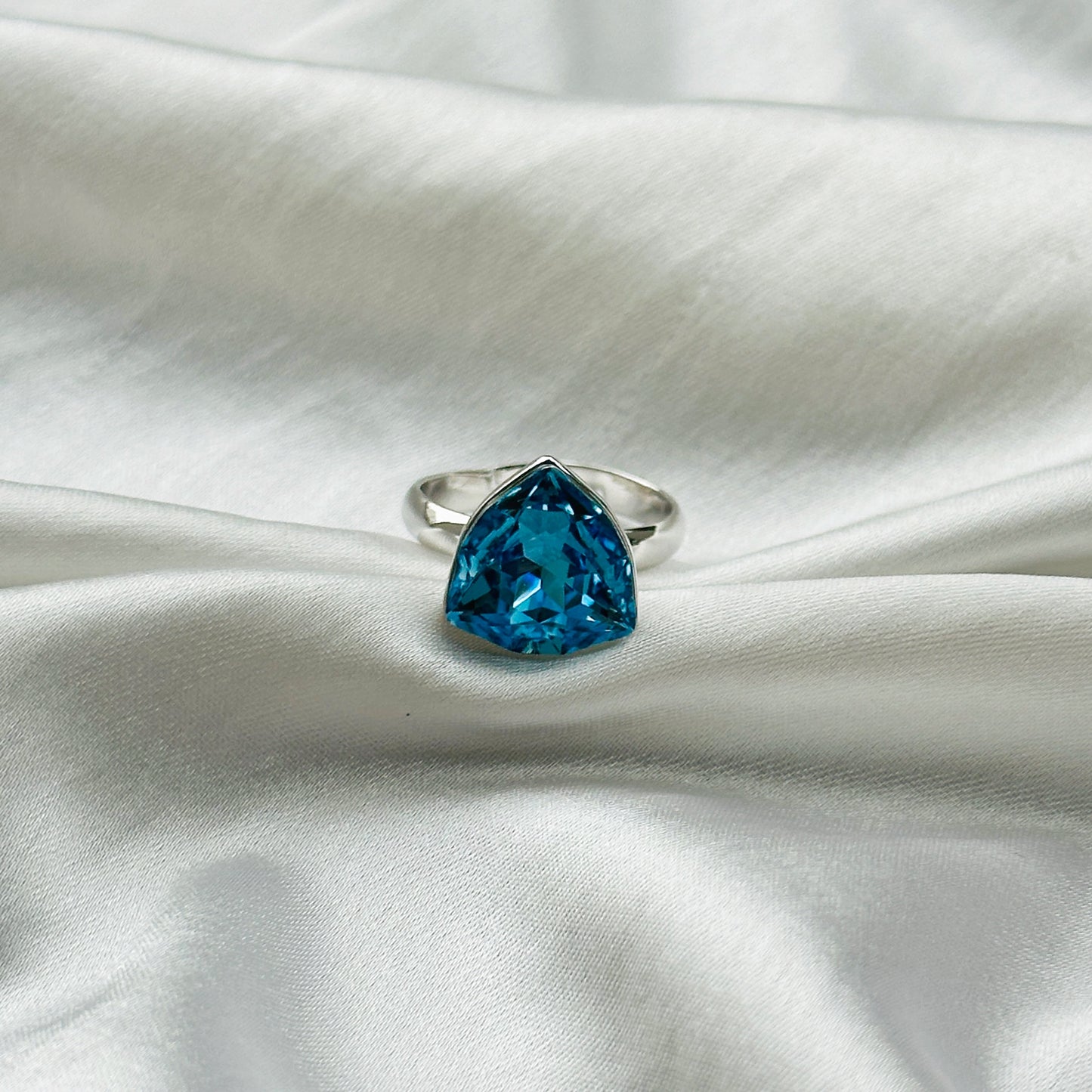 Aqua Blue Indicolite Swarovski Crystal Silver Plated Adjustable Ring