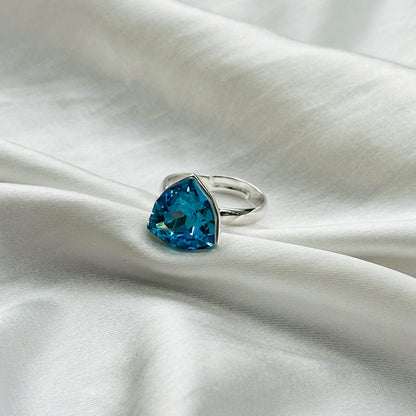 Aqua Blue Indicolite Swarovski Crystal Silver Plated Adjustable Ring