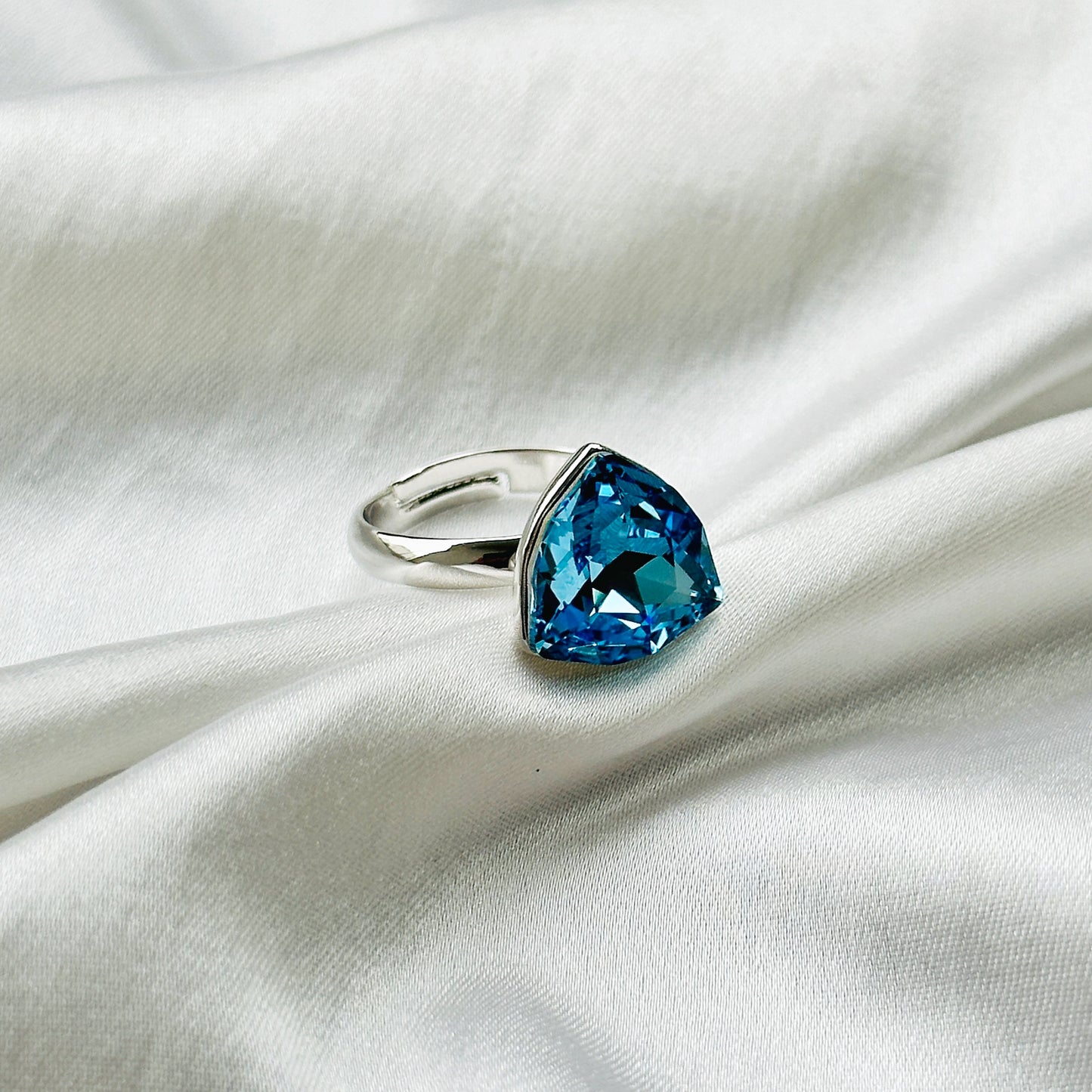 Aqua Blue Indicolite Swarovski Crystal Silver Plated Adjustable Ring