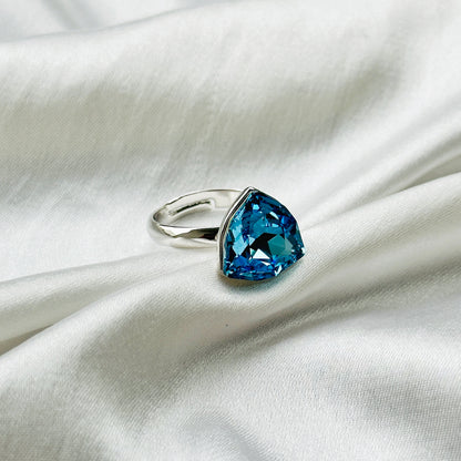 Aqua Blue Indicolite Swarovski Crystal Silver Plated Adjustable Ring