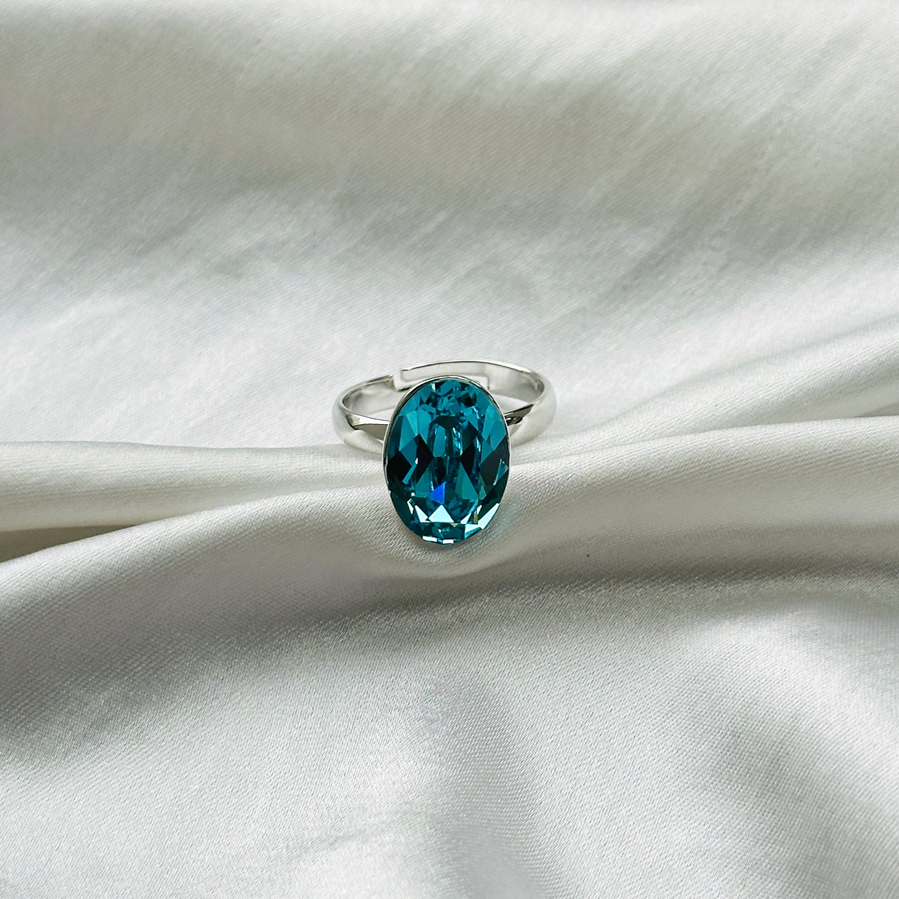 Aqua Blue Indicolite Swarovski Crystal Silver Plated Adjustable Ring