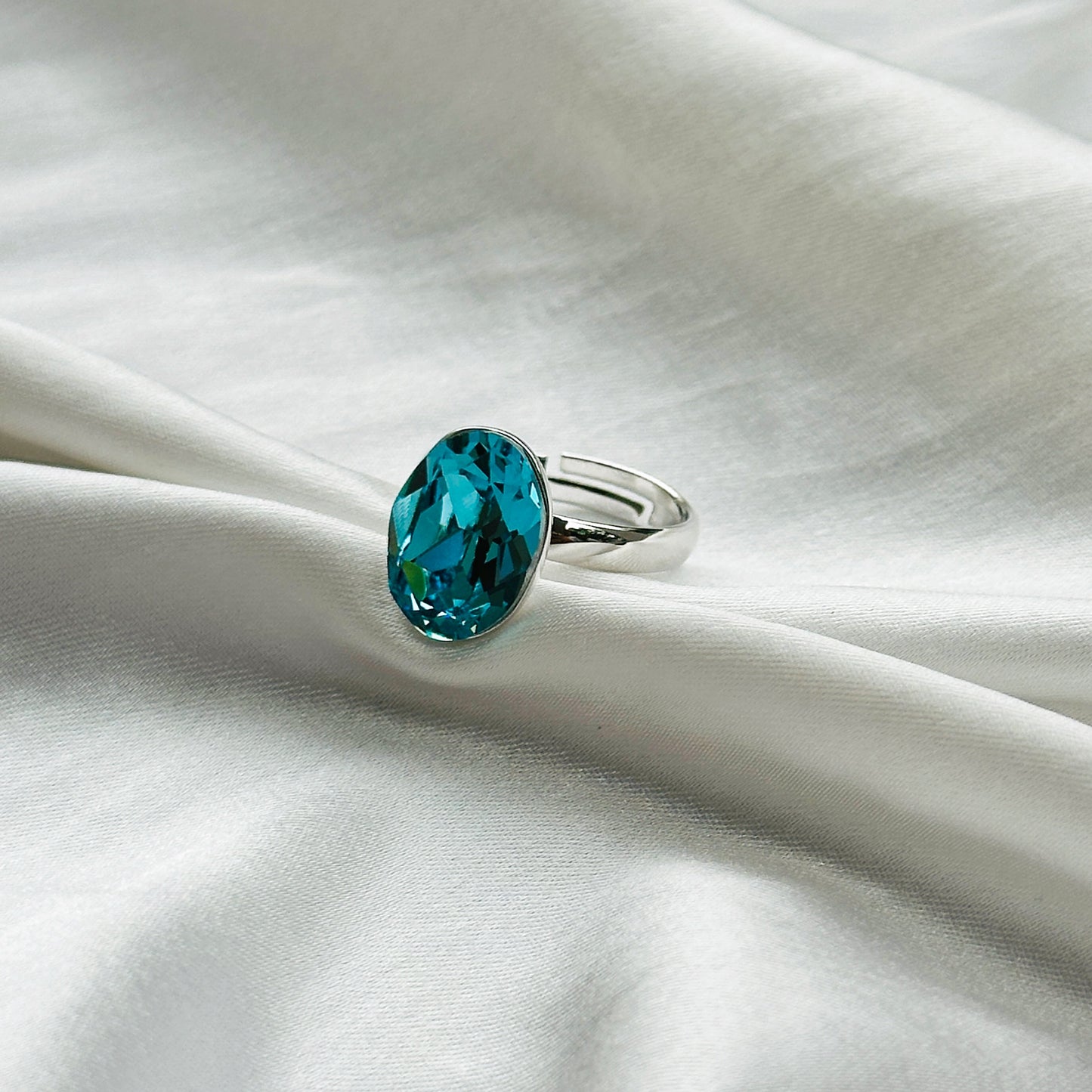 Aqua Blue Indicolite Swarovski Crystal Silver Plated Adjustable Ring