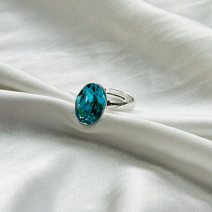 Aqua Blue Indicolite Swarovski Crystal Silver Plated Adjustable Ring