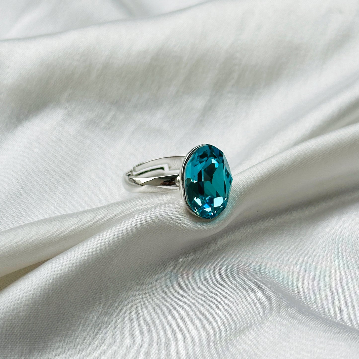 Aqua Blue Indicolite Swarovski Crystal Silver Plated Adjustable Ring