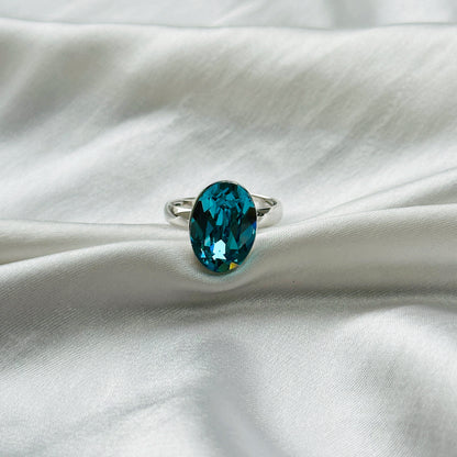 Aqua Blue Indicolite Swarovski Crystal Silver Plated Adjustable Ring