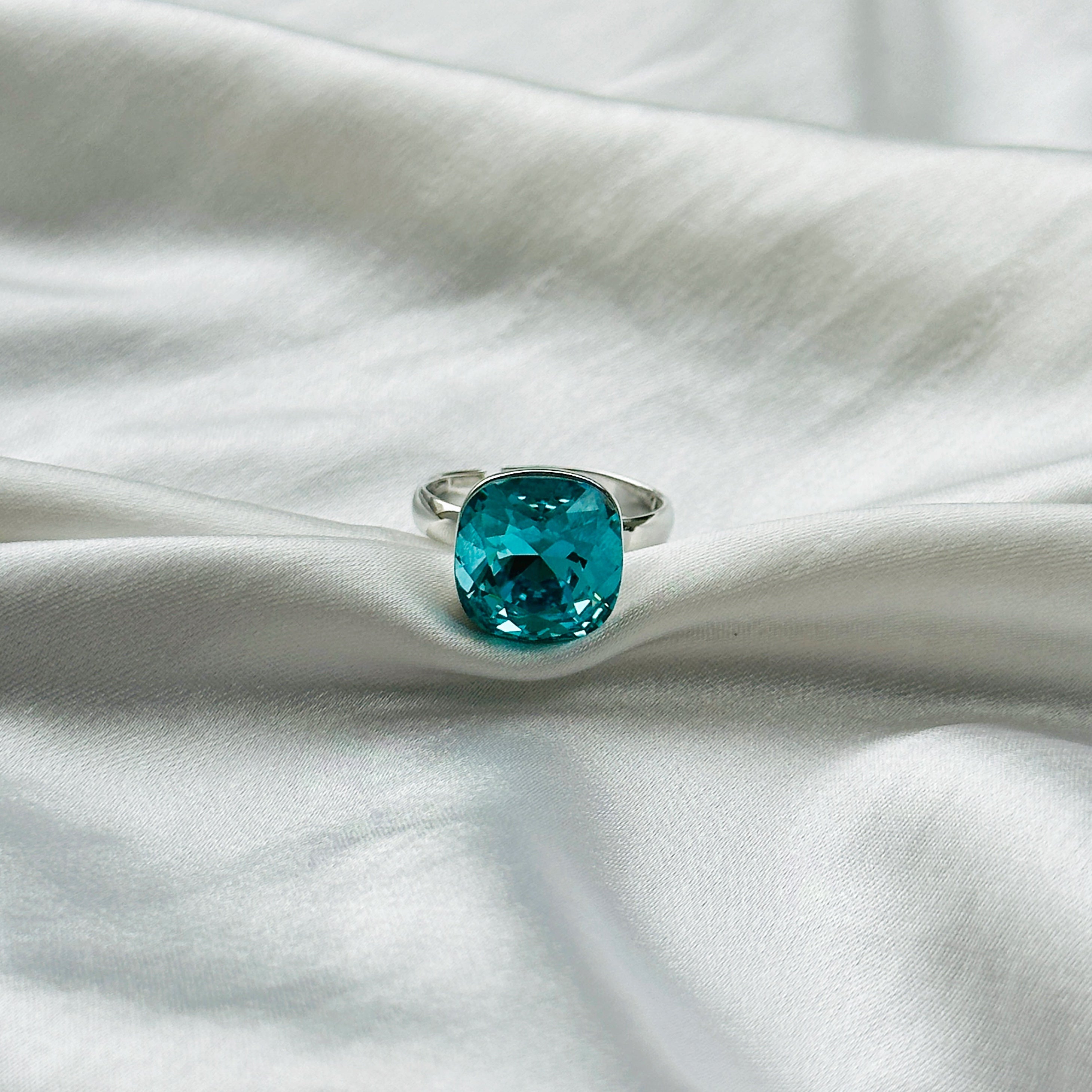 Aqua Blue Indicolite Swarovski Crystal Silver Plated Adjustable Ring