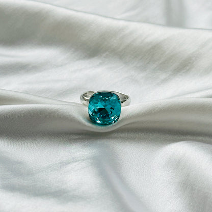 Aqua Blue Indicolite Swarovski Crystal Silver Plated Adjustable Ring