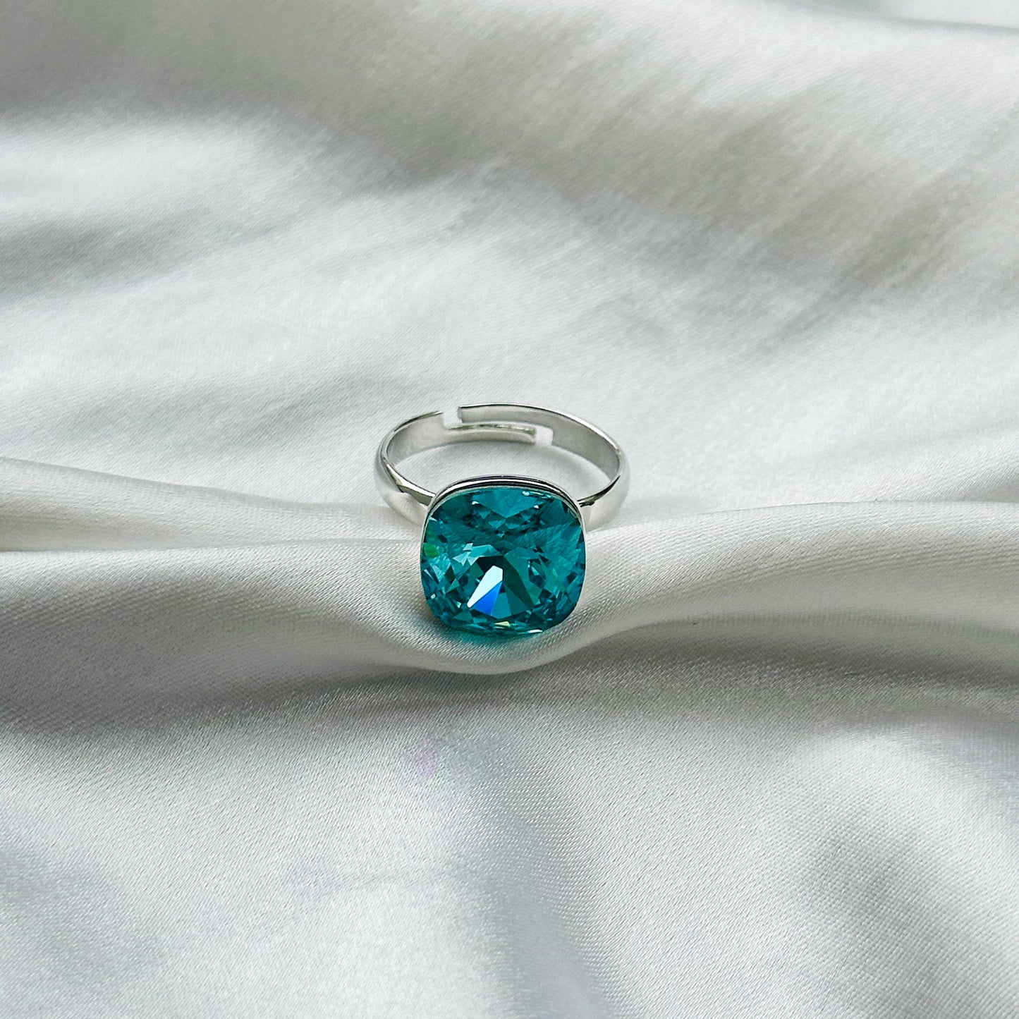 Aqua Blue Indicolite Swarovski Crystal Silver Plated Adjustable Ring