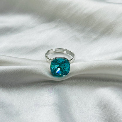 Aqua Blue Indicolite Swarovski Crystal Silver Plated Adjustable Ring