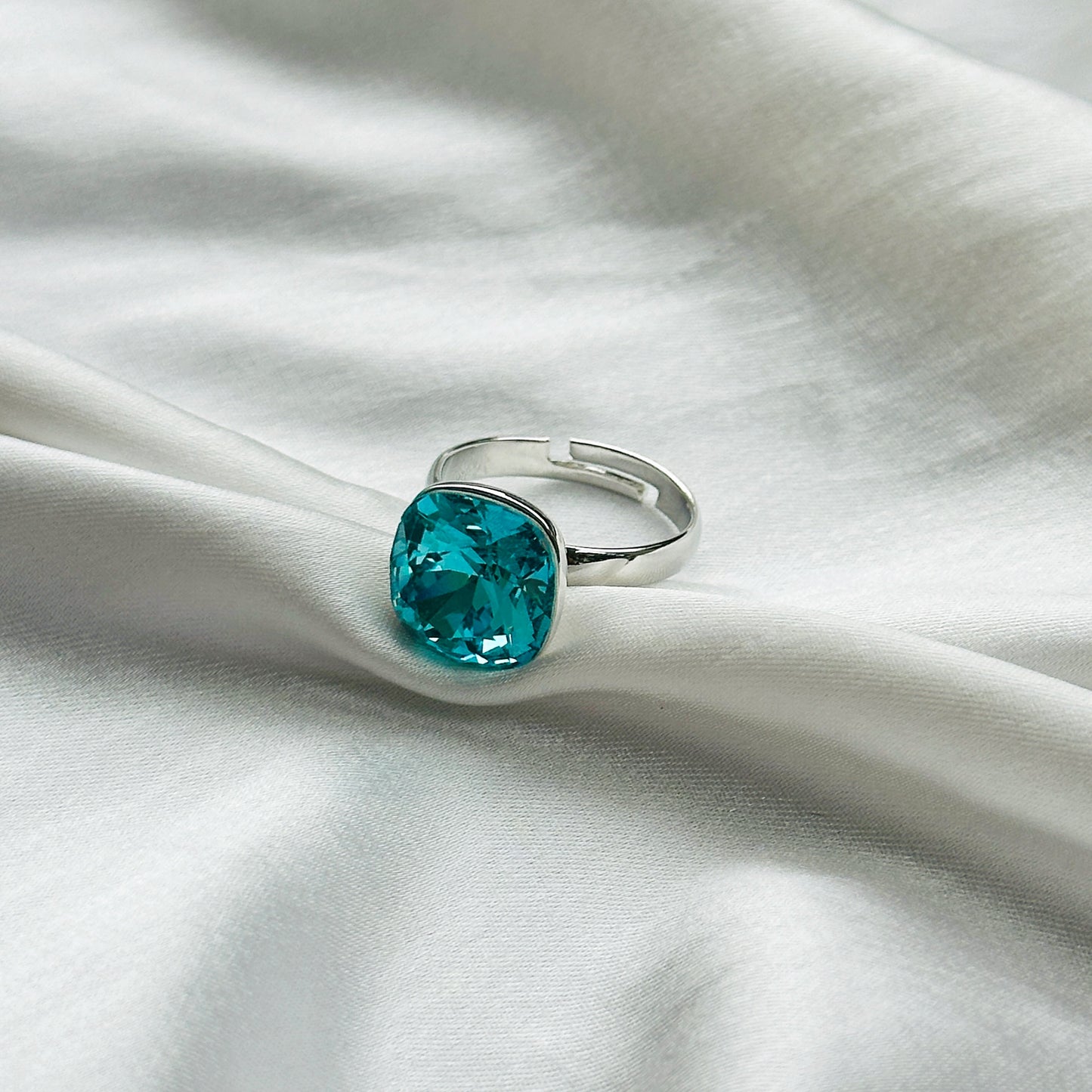 Aqua Blue Indicolite Swarovski Crystal Silver Plated Adjustable Ring