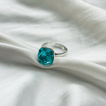 Aqua Blue Indicolite Swarovski Crystal Silver Plated Adjustable Ring